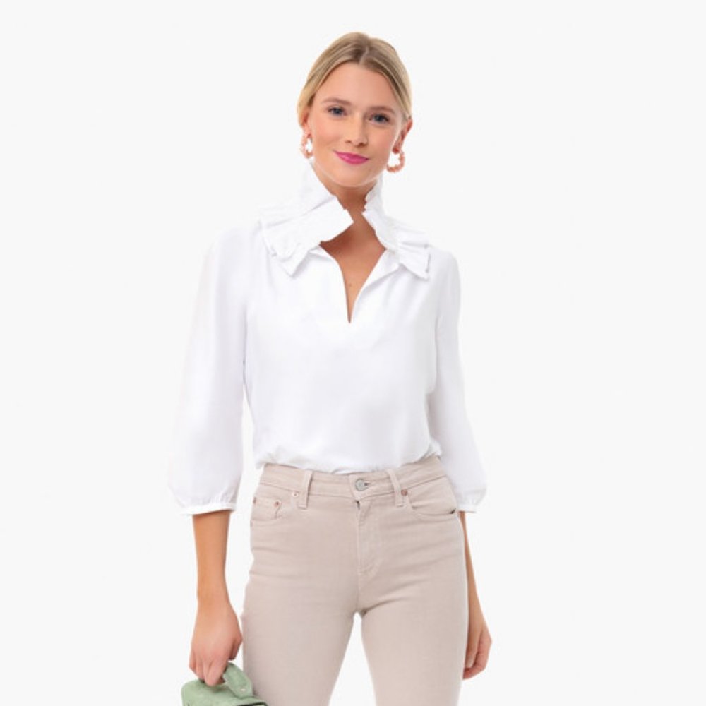 Tuckernuck White Poplin Ruffle Neck Bouvier Blouse